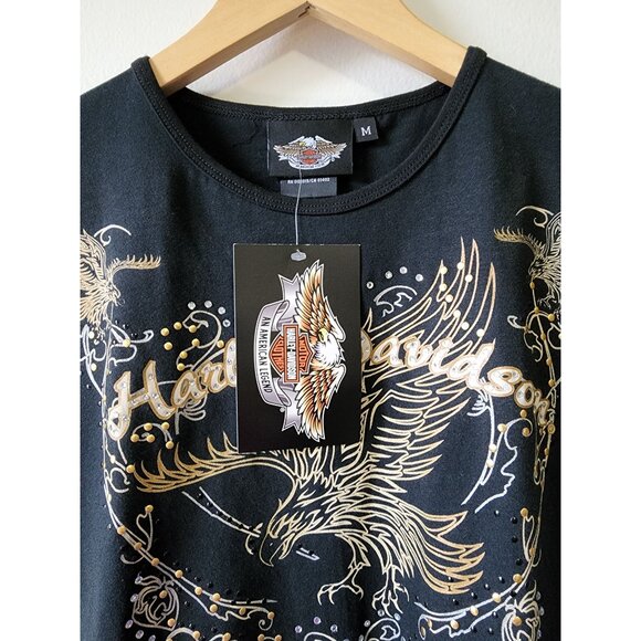 Harley-Davidson Womens Jeweled Black T-Shirt With Gold Eagle Graphic & HD Logo M - Picture 3 of 4